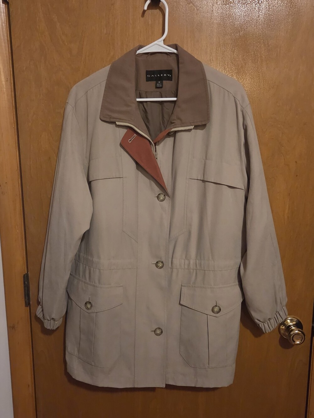 Gallery Neutral Beige Utility Jacket with Brown Collar, Size M